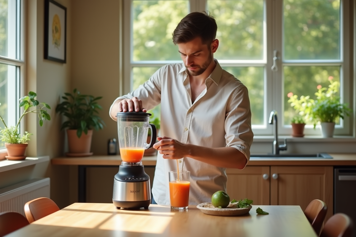 Jeune homme versant un smoothie dans un verre sur la table