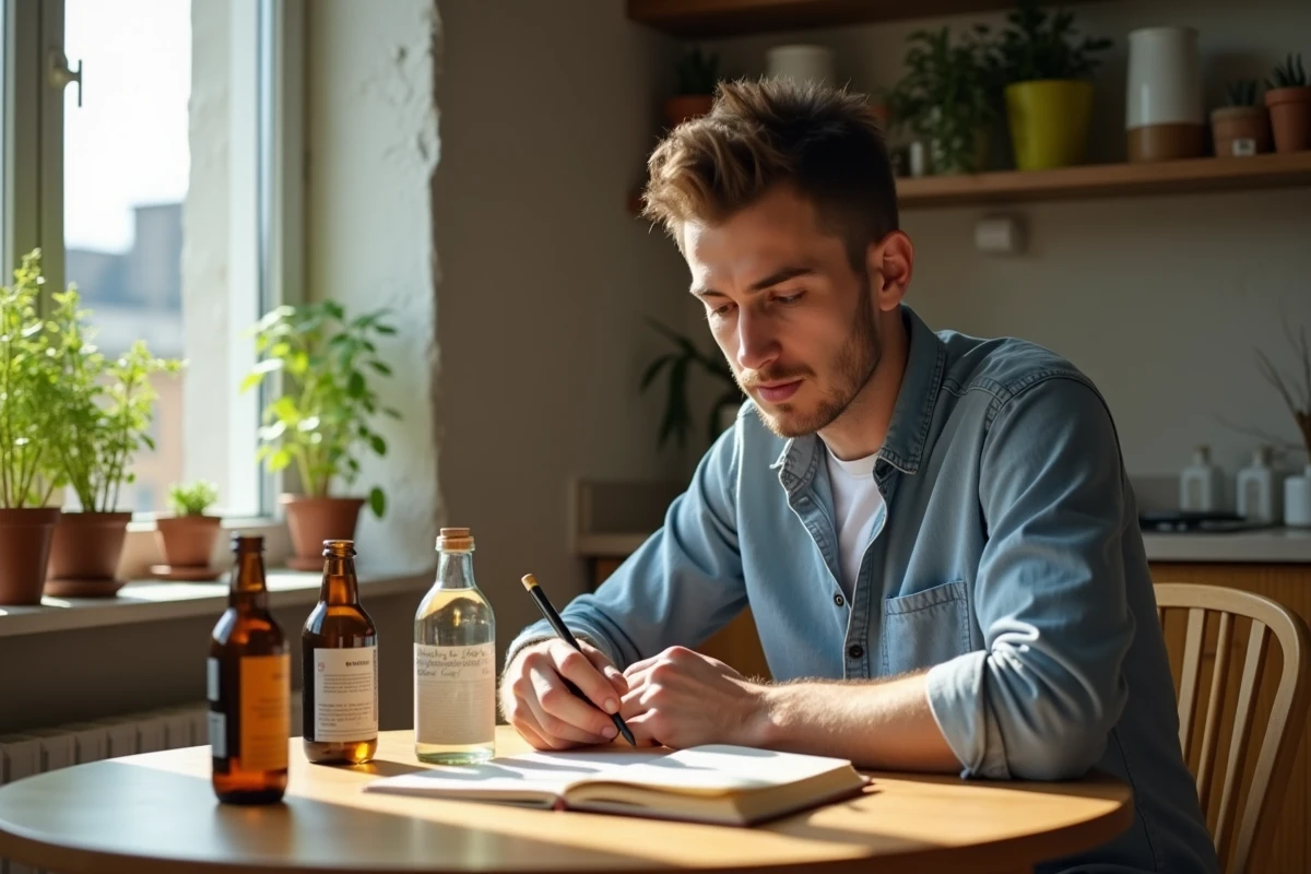 Jeune homme comparant des étiquettes de vinaigre dans un appartement moderne