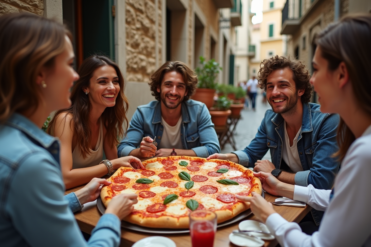 Jeunes amis italiens partageant une pizza en extérieur