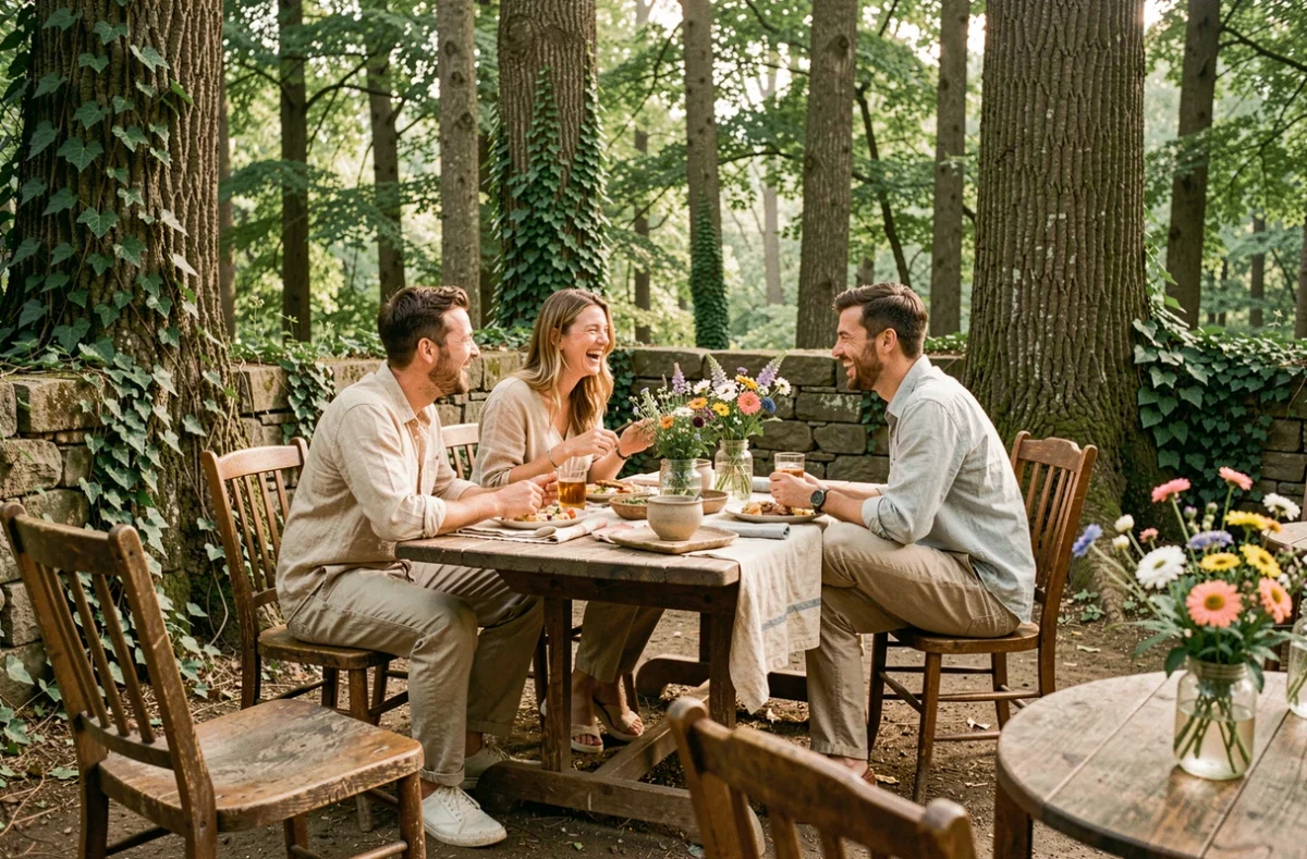 Terrasse bohème de La Folie Barbizon entourée de grands chênes en lisière de forêt