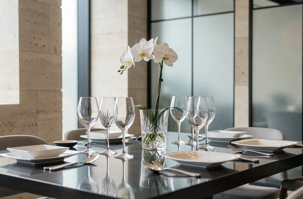 Table dressée avec verrerie Lalique dans le restaurant gastronomique La Table de Lalique à Wingen-sur-Moder