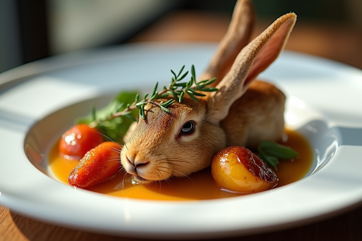 Lapin à la moutarde servi avec légumes et thym sur table moderne