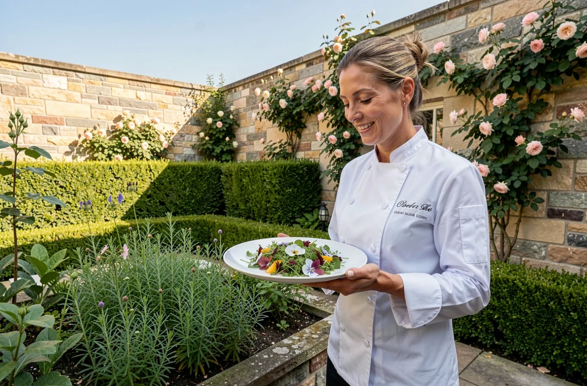Chef du restaurant Le Parc à Obernai présentant un plat gastronomique dans le jardin de l'hôtel