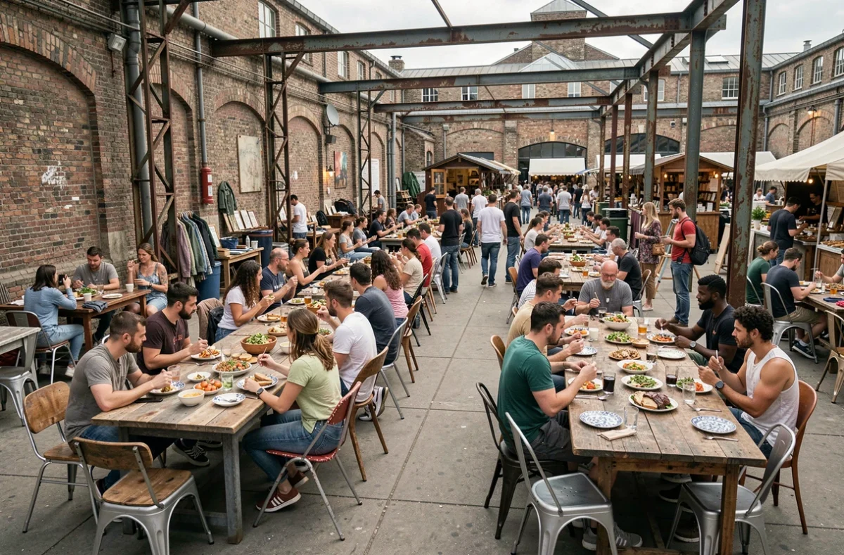 Grande terrasse XXL de Ma Cocotte aux Puces de Saint-Ouen avec décor industriel et foule animée