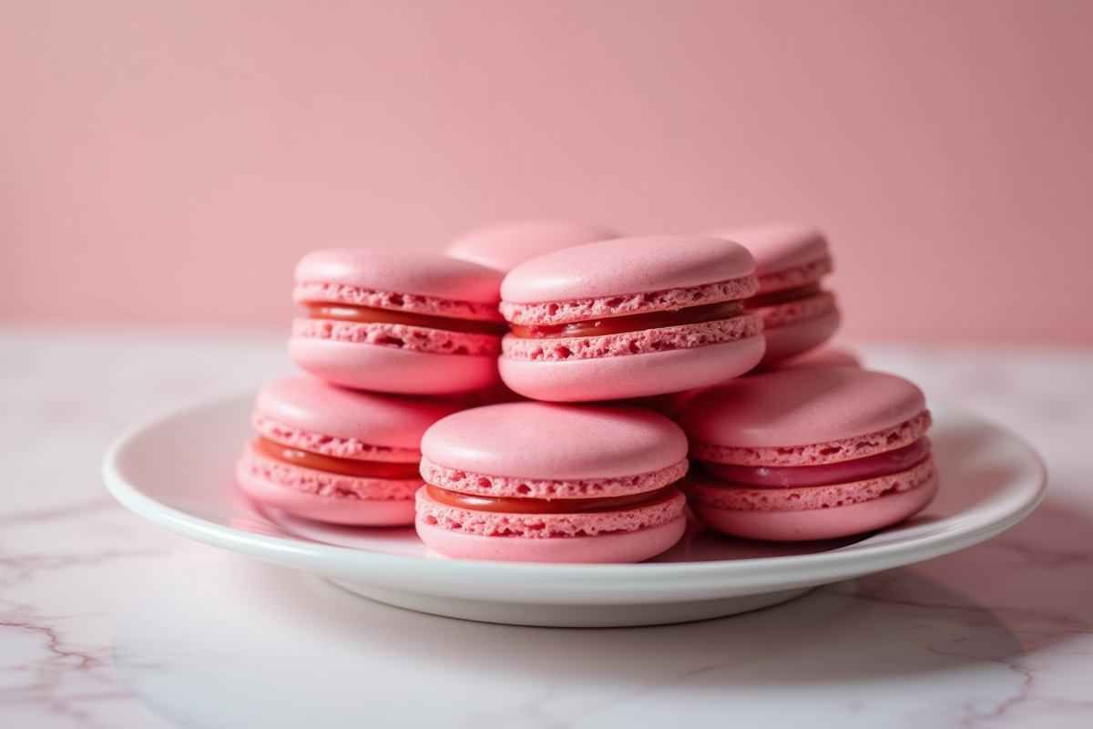 Macarons à la framboise sur une assiette blanche brillante