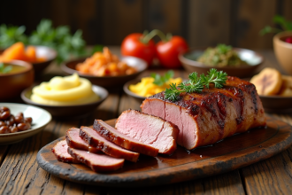 Magret de canard tranché sur une table en bois rustique avec légumes colorés