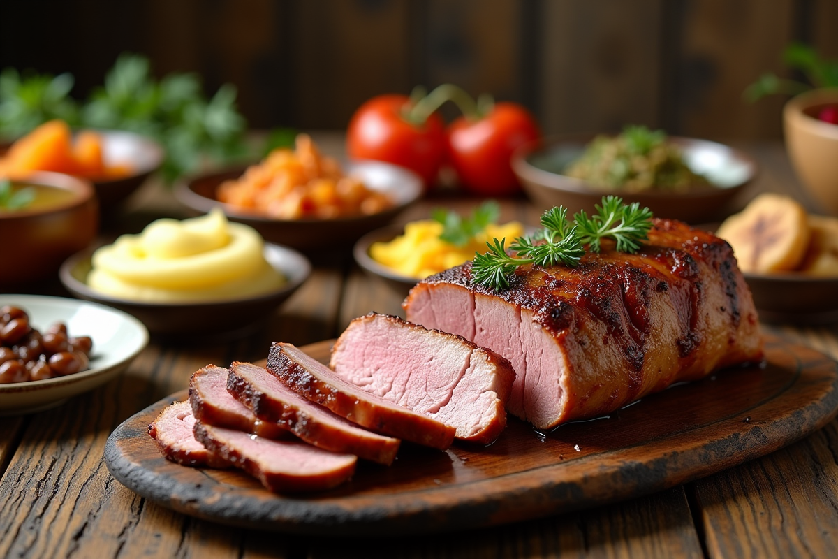 Magret de canard tranché sur une table en bois rustique avec légumes colorés