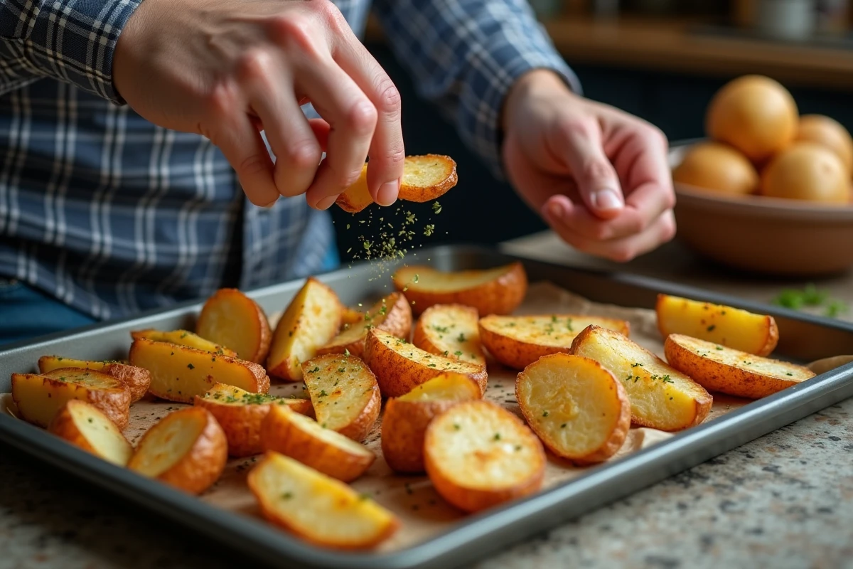 Mains saupoudrant des herbes sur des pommes de terre croustillantes
