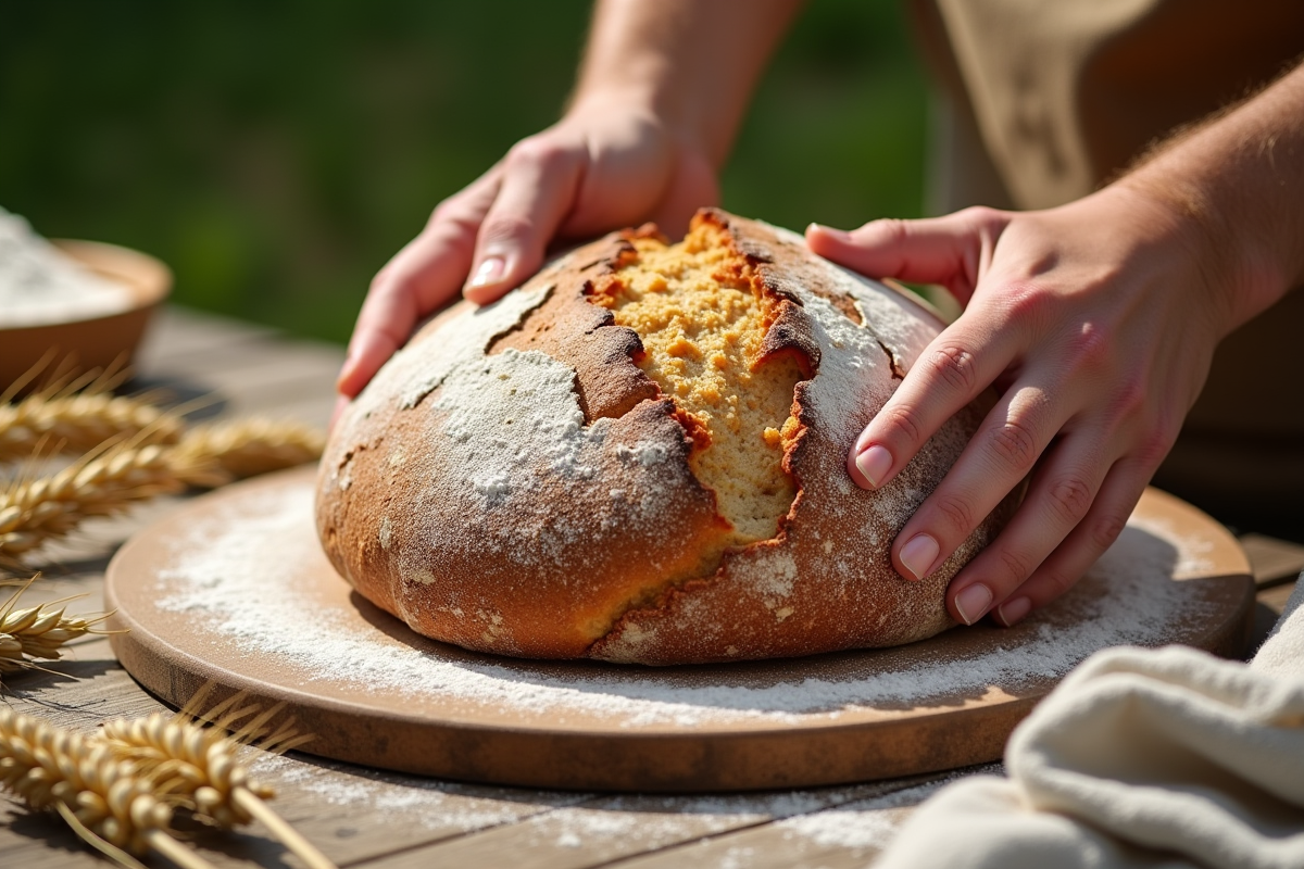 Mains touchant un pain sourdough sur une pierre à l