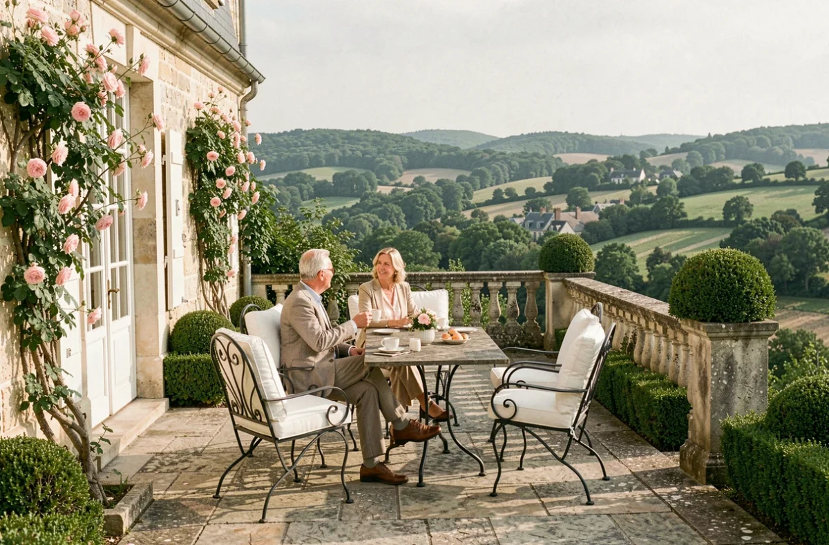 Terrasse panoramique de La Maison Louveciennes avec vue sur la vallée boisée des Yvelines