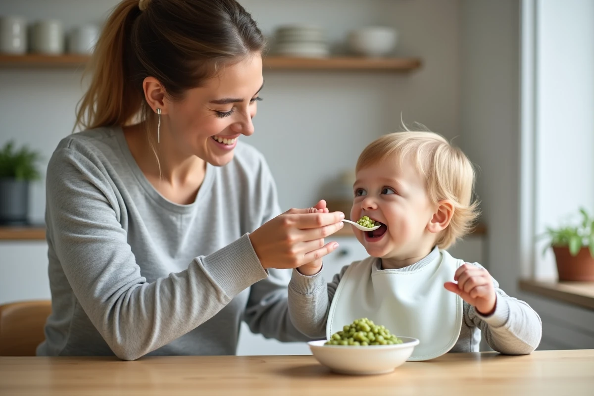Maman nourrissant son bébé avec de la purée de haricots verts à la cocotte minute dans une cuisine scandinave
