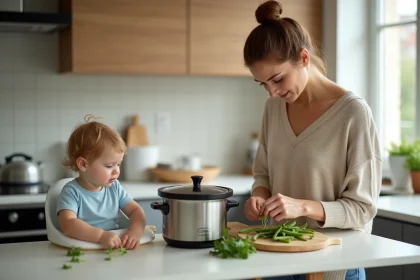 Maman prépare des haricots verts avec une cocotte-minute