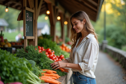 Jeune femme choisissant légumes bio au marché
