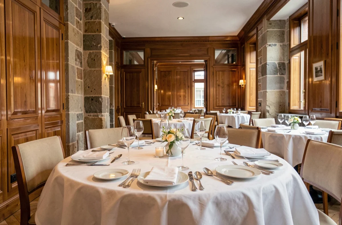 Salle de restaurant gastronomique étoilé dans le Grand Est avec table dressée et décor alsacien raffiné