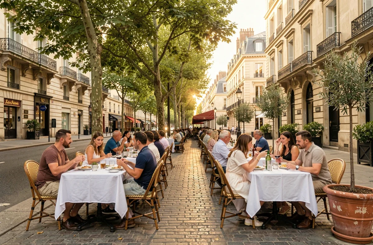 Vue d'ensemble d'une terrasse de restaurant animée en Île-de-France avec tables en lin blanc et façades haussmanniennes