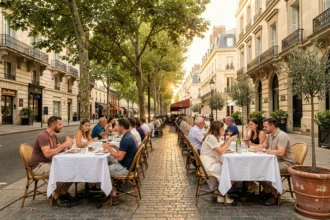 Vue d'ensemble d'une terrasse de restaurant animée en Île-de-France avec tables en lin blanc et façades haussmanniennes