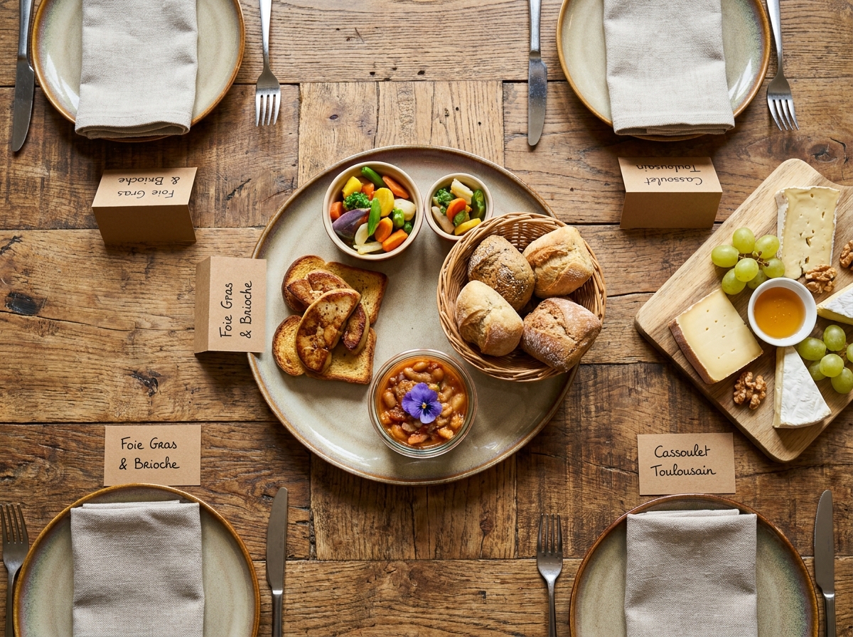 Vue aérienne d'un menu dégustation gastronomique dressé sur une table en bois dans un restaurant contemporain de Toulouse
