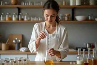 Femme mesurant précisément un liquide dans un cylindre gradué en verre sur un plan de travail en bois, illustrant la conversion 10 ml en cl en cuisine