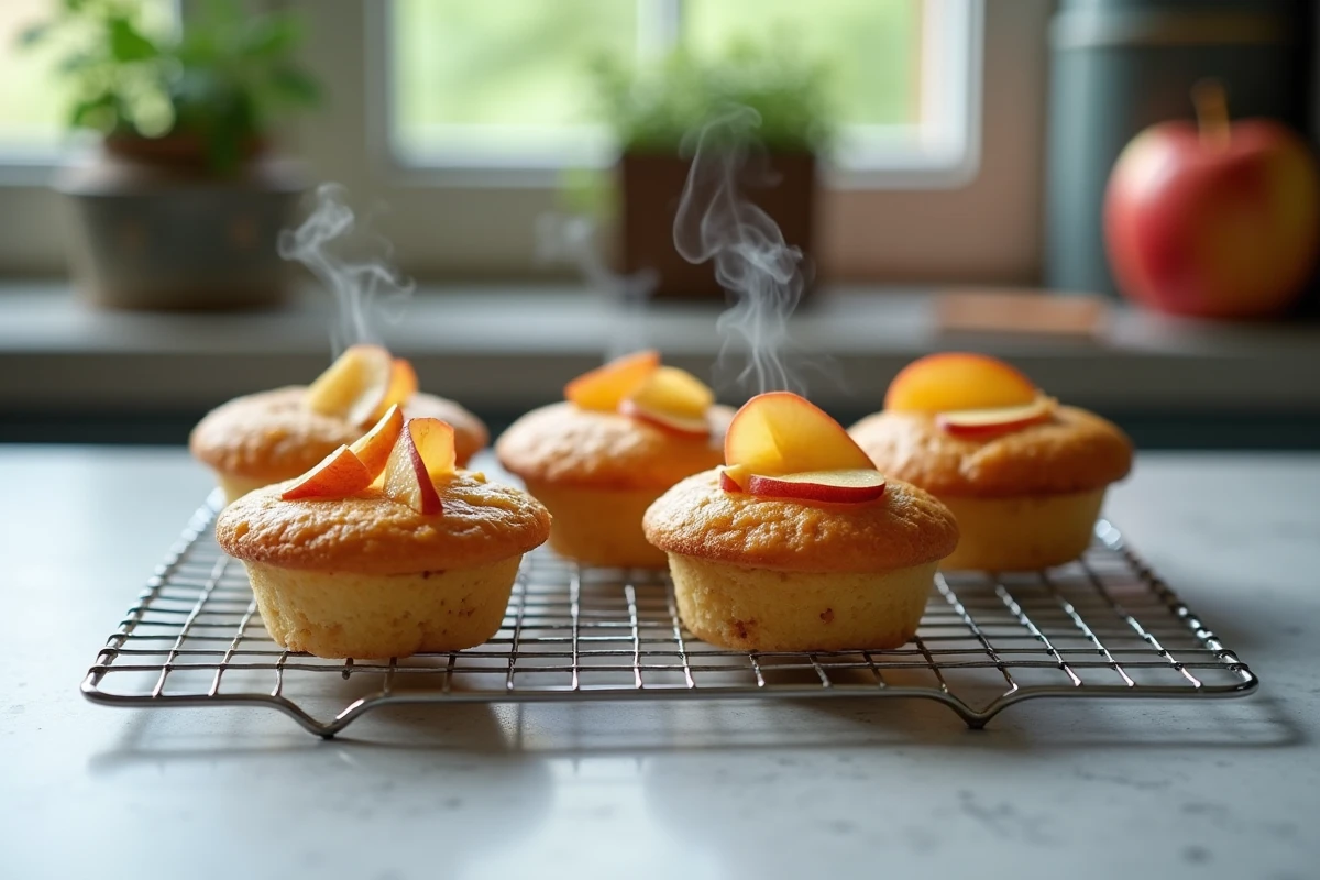 Trois petits gâteaux individuels à la compote de pomme refroidissant sur une grille en cuisine avec pommes caramélisées