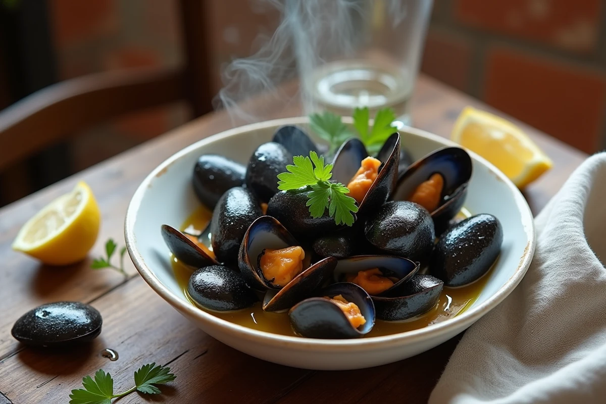 Bol de moules marinières fumantes avec persil frais et citron sur table en chêne rustique, recette express au Cookeo