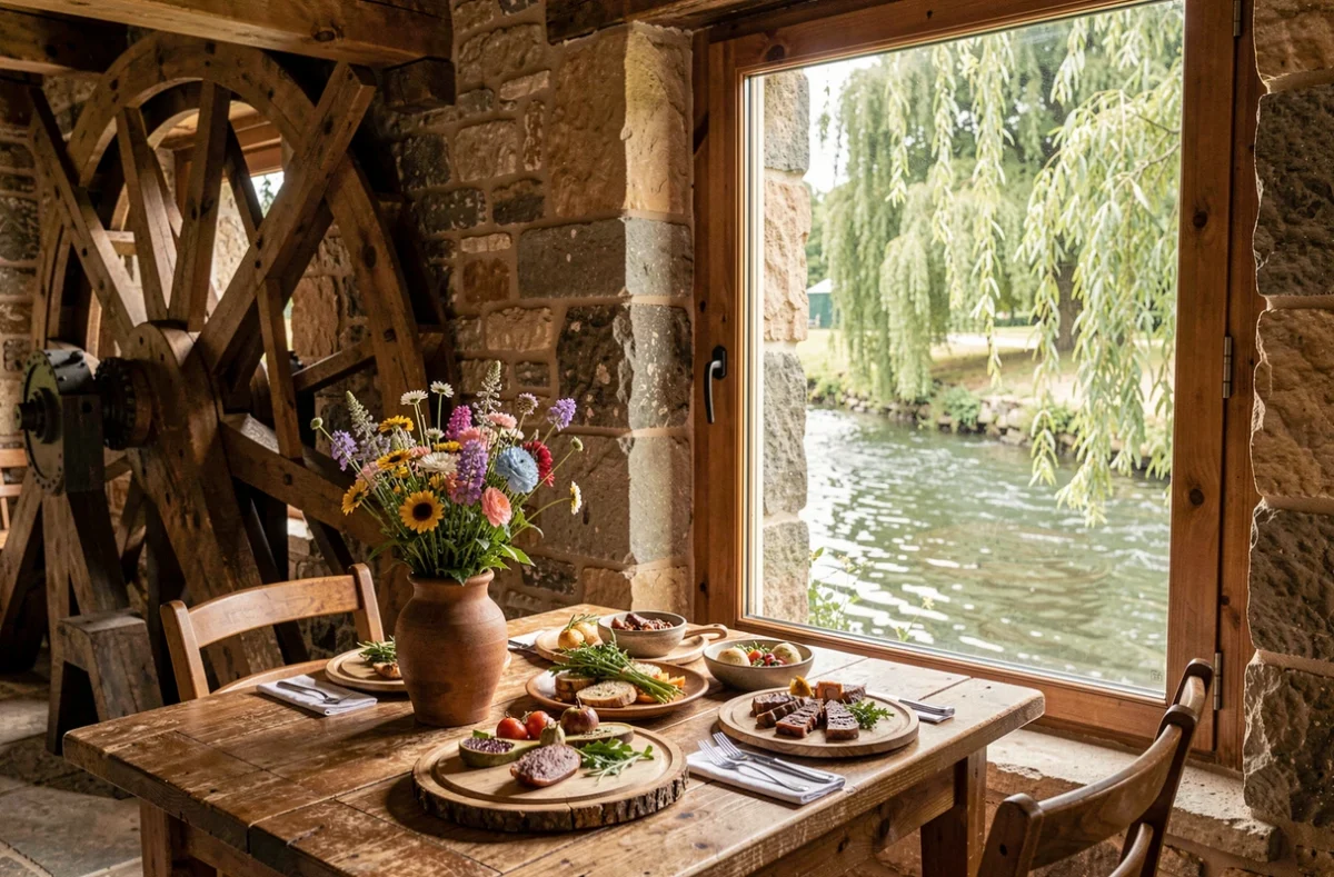 Table romantique au Moulin des Écrevisses avec vue sur le cours d'eau à travers une fenêtre en pierre, dans un cadre champêtre et authentique.