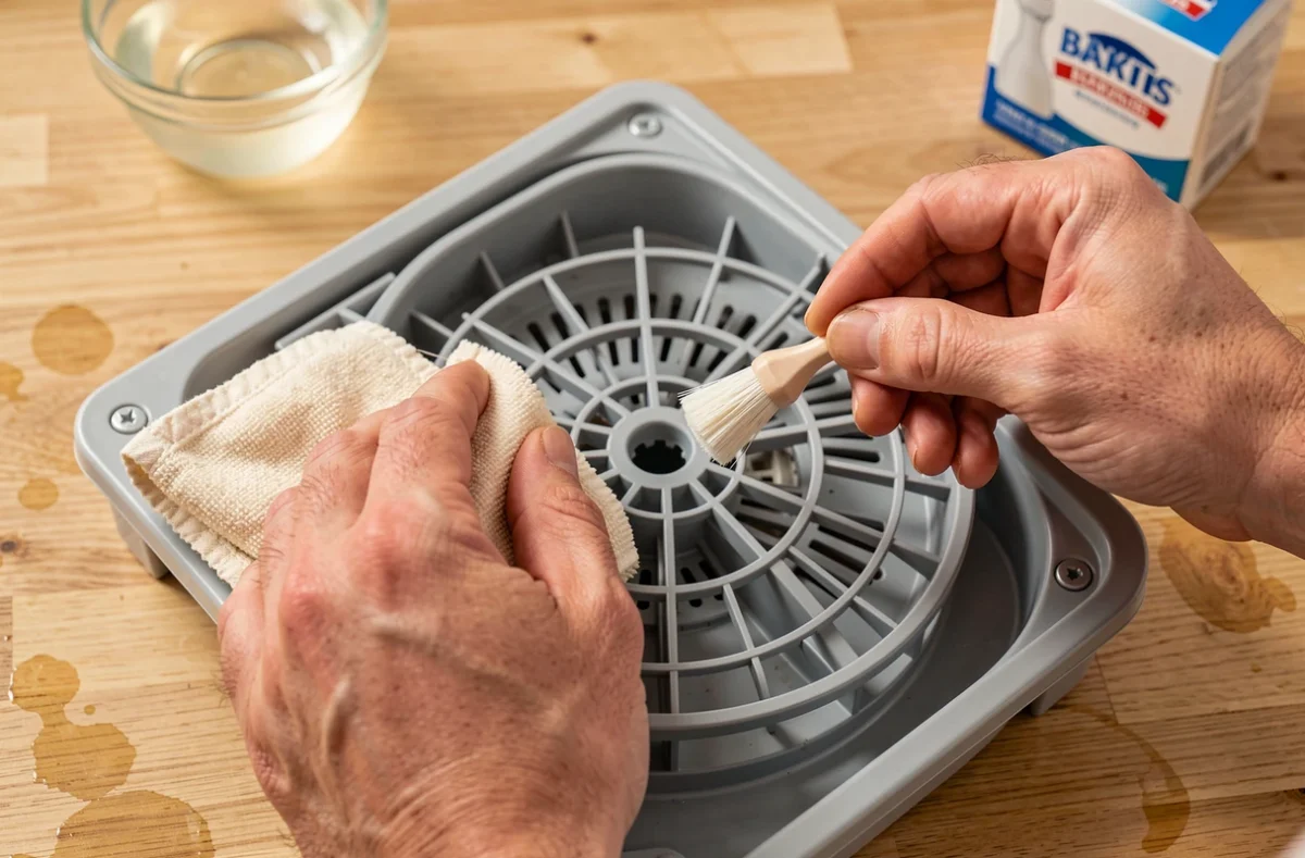 Nettoyage manuel du bras de lavage et du filtre d'un lave-vaisselle Valberg posé sur un plan de travail