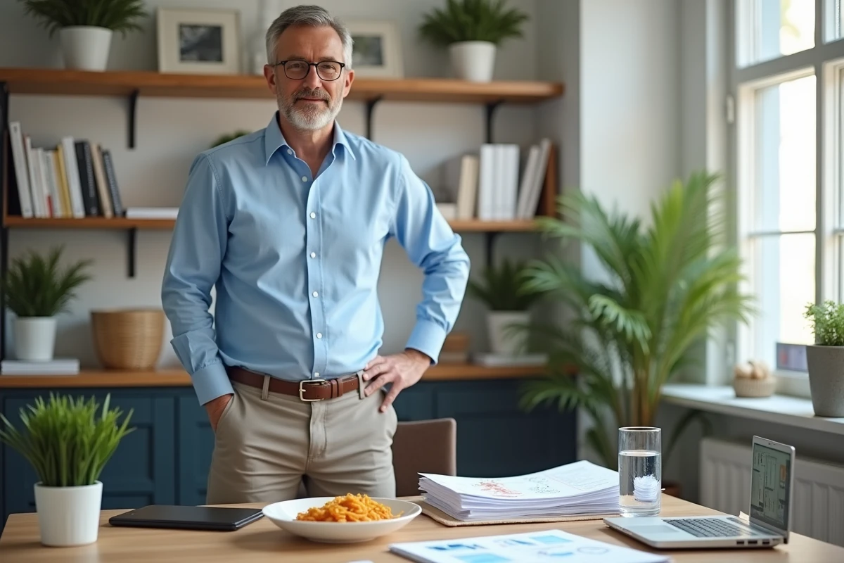Nutritionniste professionnel dans son bureau avec pâtes et documents