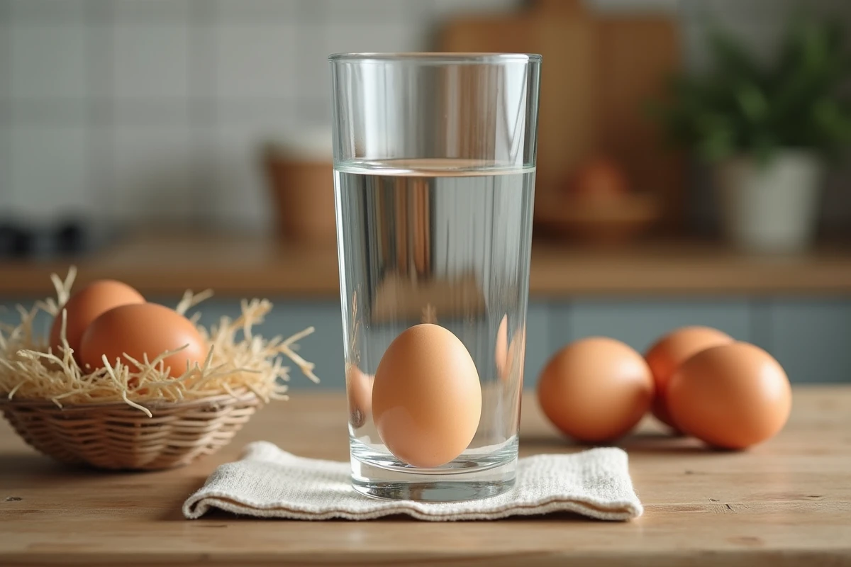 Œuf frais posé au fond d'un verre d'eau lors du test de fraîcheur à domicile