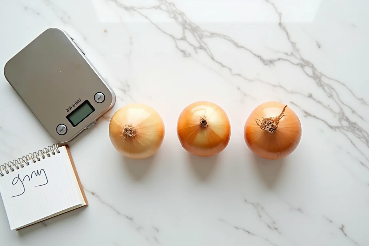 Vue de dessus de trois oignons de tailles différentes posés sur un plan de travail en marbre à côté d'une balance de cuisine