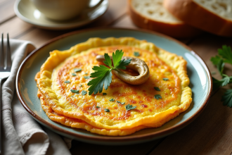 Omelette dorée aux girolles fraîchement cuite sur une assiette rustique