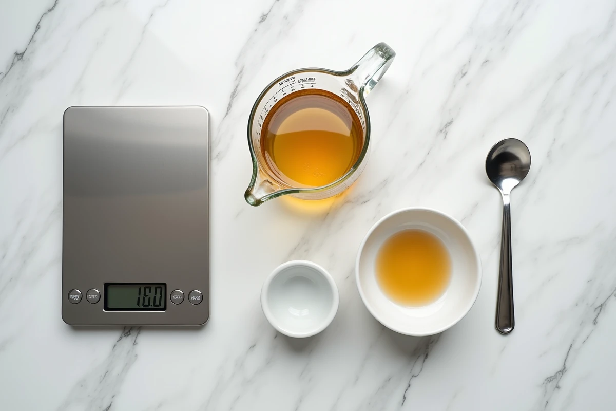 Vue de dessus d'outils de mesure culinaires sur marbre : balance numérique en grammes, verre doseur en millilitres et bol de bouillon de légumes