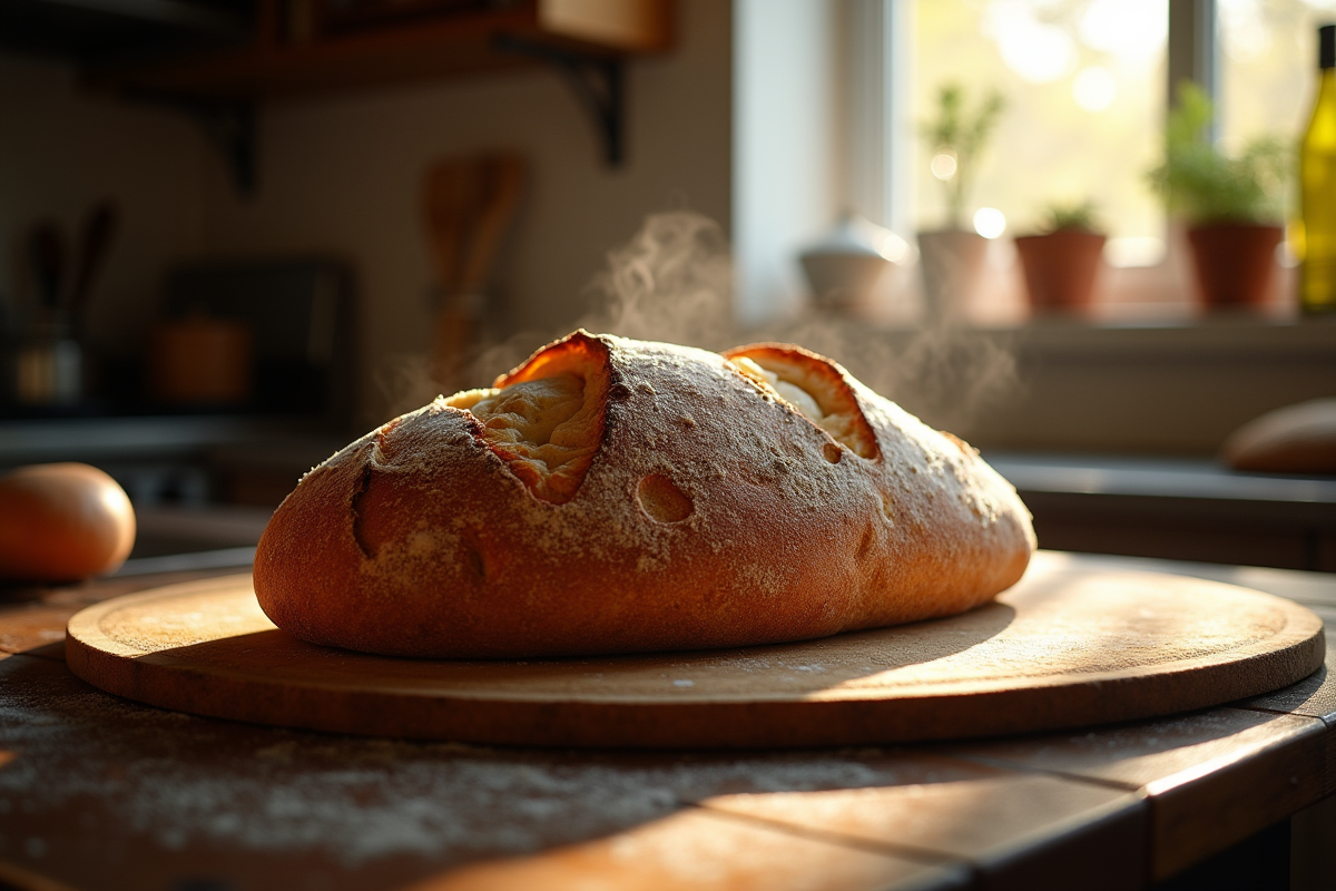 Pain sourdough doré sortant du four dans une cuisine chaleureuse