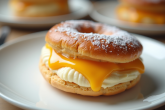 ParisBrest frais sur une assiette blanche avec crème et choux