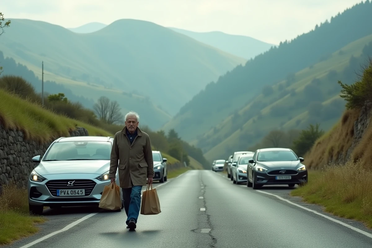 Parking d'un marché frontalier à Dantxaria avec visiteurs chargés de courses et paysage basque en arrière-plan