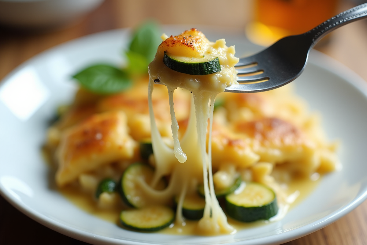 Partage de gratin de courgettes et pommes de terre avec fromage fondant
