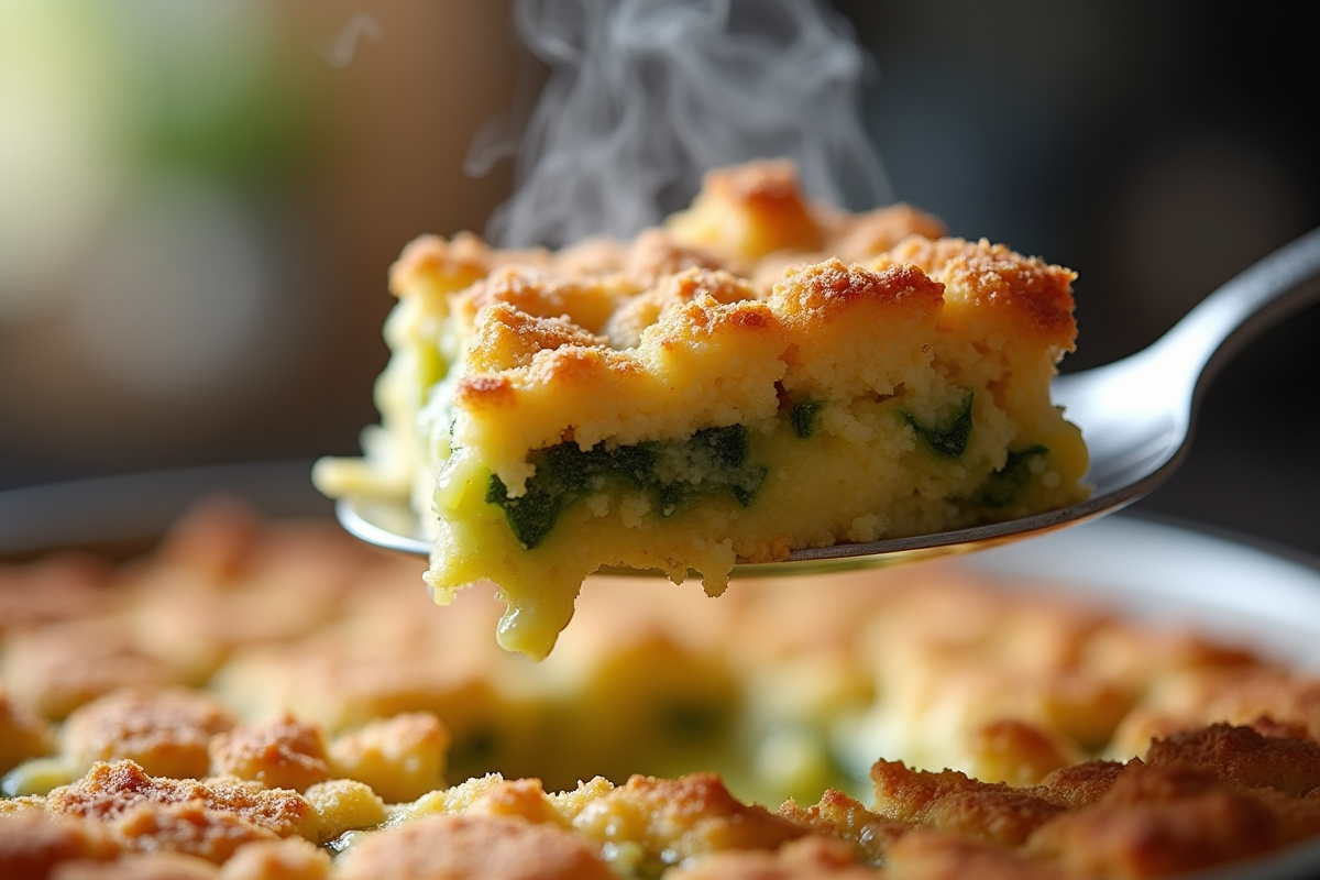 Partie de gratin de courgettes servie avec une cuillère