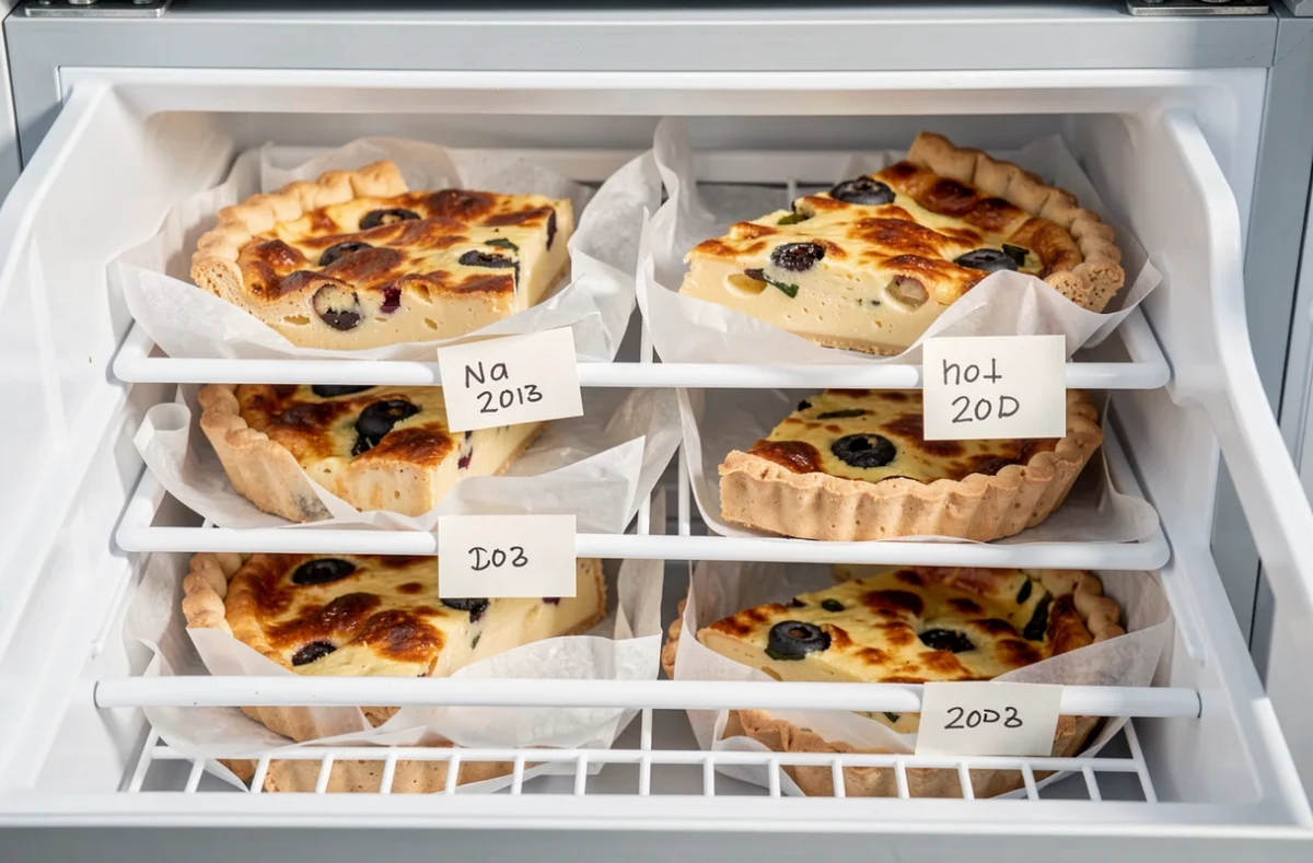 Parts de quiche emballées et étiquetées dans un tiroir de congélateur