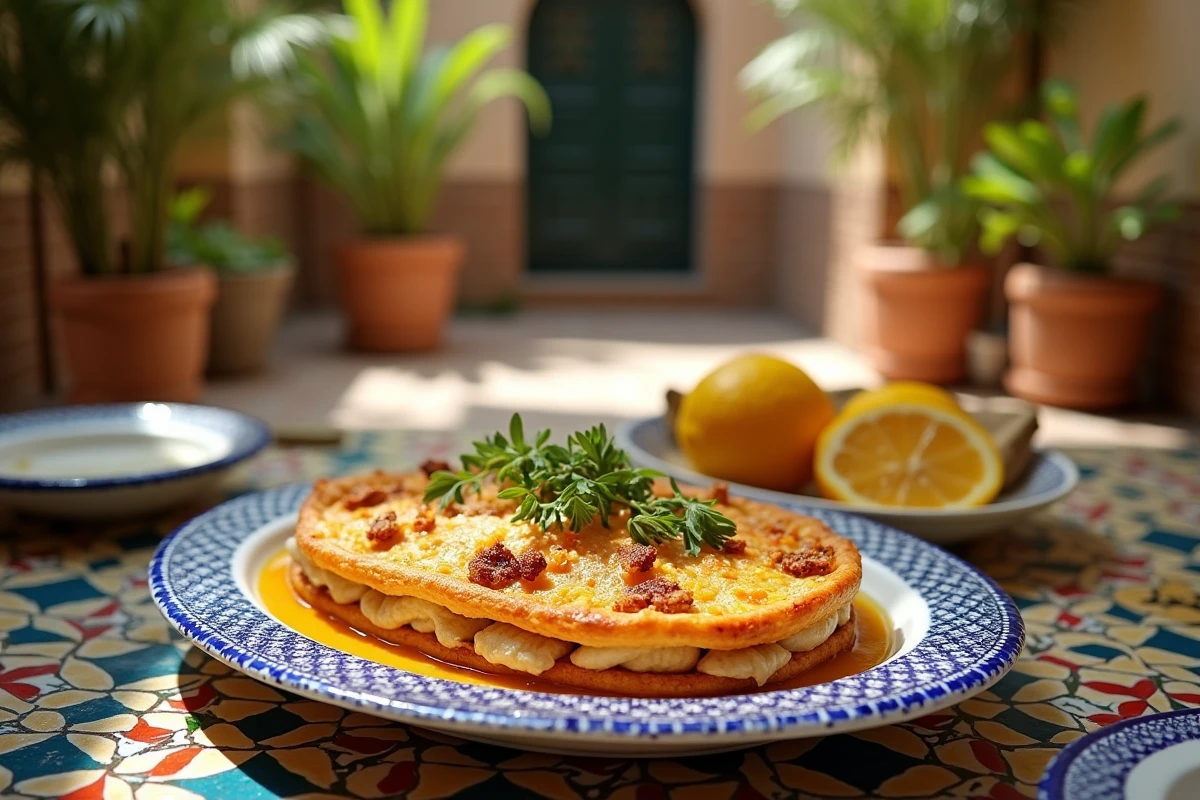 Pastilla aux fruits de mer sur plat marocain coloré