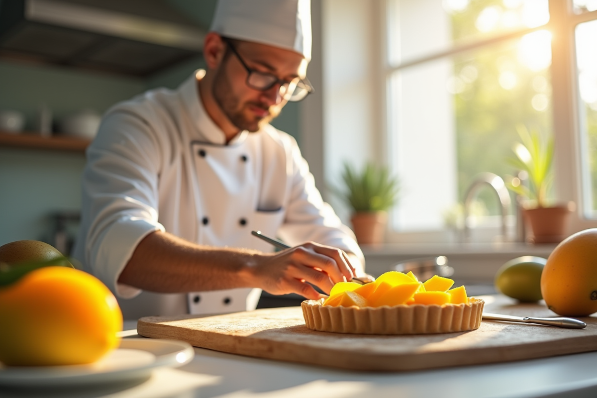 Chef pâtissier décorant une tarte à la mangue dans une cuisine lumineuse
