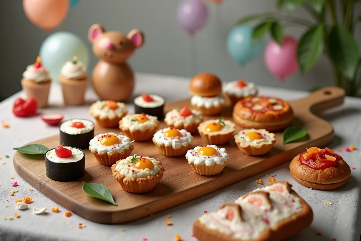 Table de fête avec une collection de pâtisseries trompe l'oeil pour enfants imitant des aliments salés