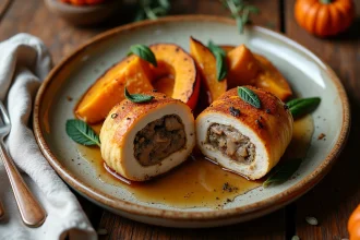 Paupiettes de veau dorées avec accompagnement automnal de potiron rôti et champignons sur une assiette rustique en céramique