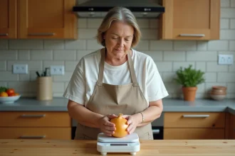 Femme pesant un oignon sur une balance de cuisine numérique pour un dosage précis en cuisine