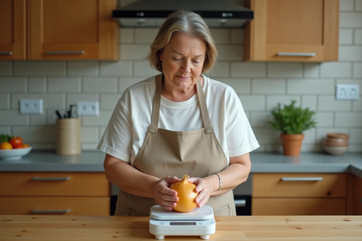 Femme pesant un oignon sur une balance de cuisine numérique pour un dosage précis en cuisine