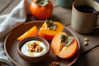 Petit-déjeuner au kaki avec yaourt grec, miel et noix sur une table en bois rustique