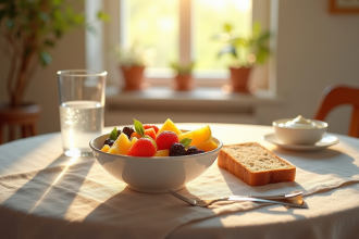 Table de petit déjeuner avec salade de fruits et pain complet
