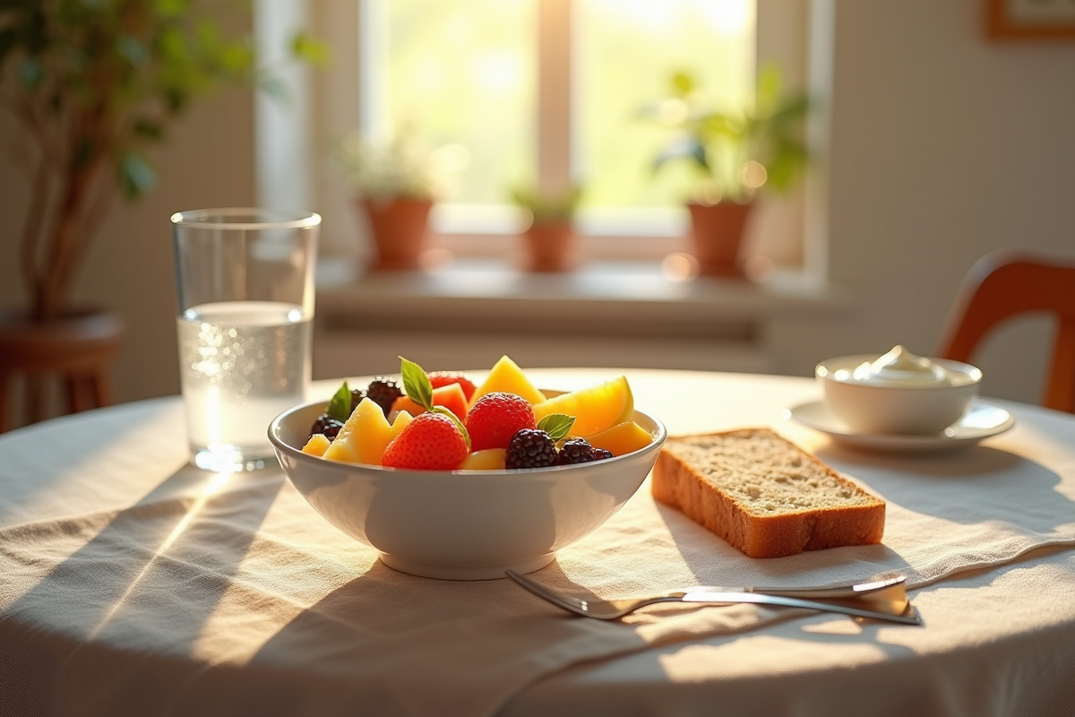 Table de petit déjeuner avec salade de fruits et pain complet
