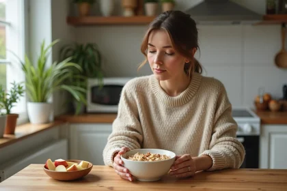 Femme préparant un bol d'avoine dans la cuisine lumineuse