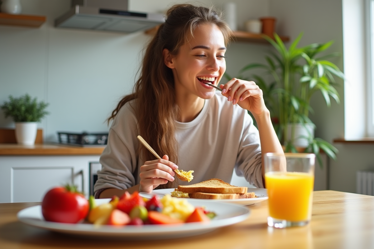 Jeune femme mangeant un petit déjeuner équilibré lumineux