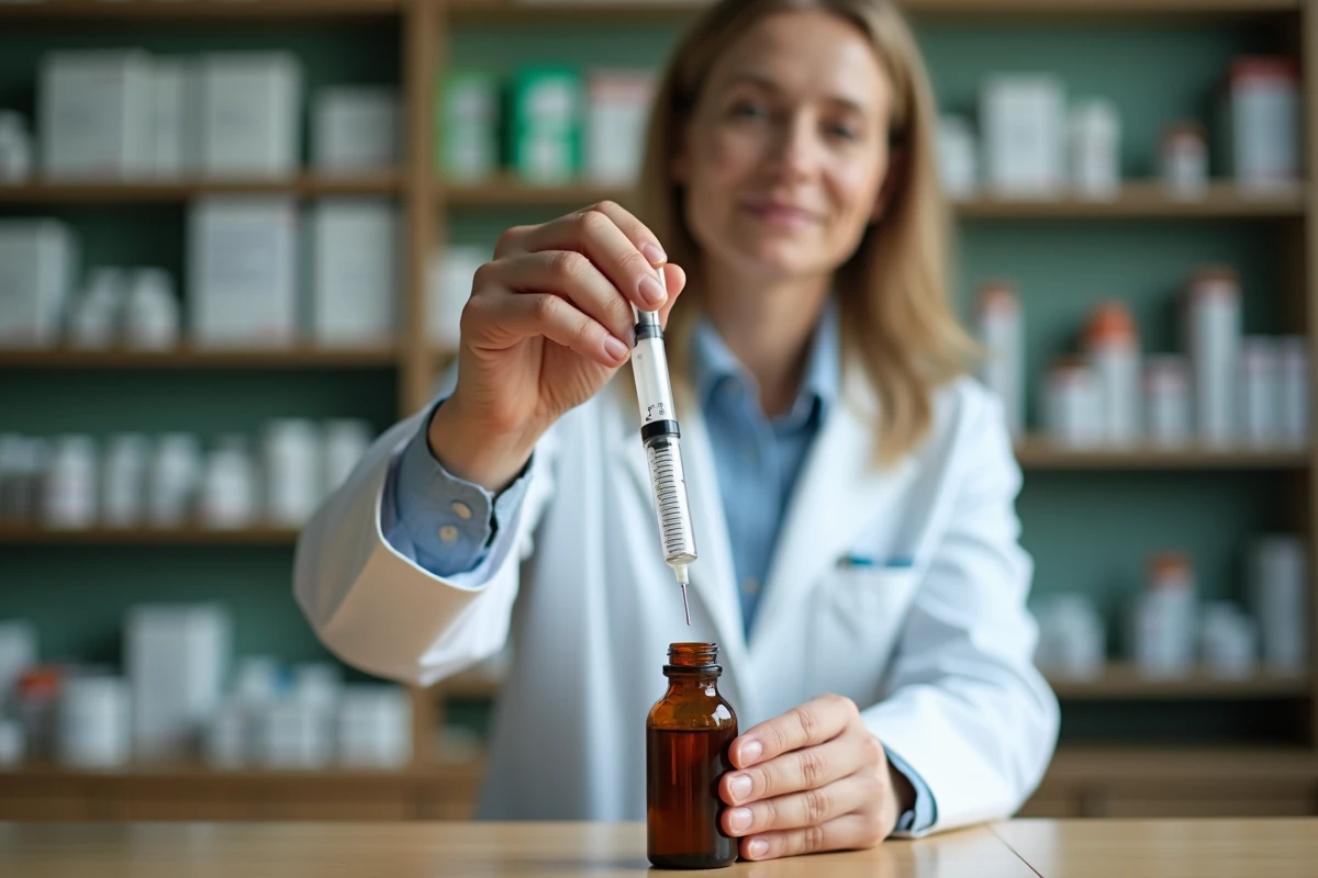 Pharmacienne en blouse blanche mesurant 10 ml de sirop avec une seringue orale calibrée sur un comptoir de pharmacie, soulignant l'importance du dosage précis en millilitres