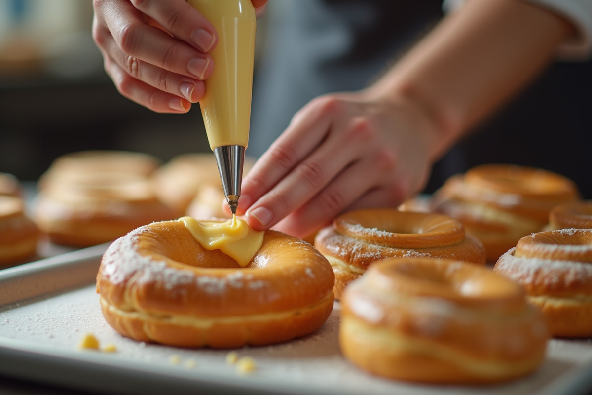 Chef piping crème praline dans un ParisBrest en cuisine